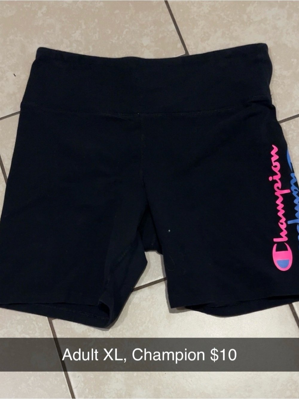 Champion Women's Black Bike Shorts with Pink and Blue Logo